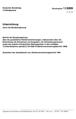 Rentenversicherungsbericht 1994 und Gutachten des Sozialbeirats zum Rentenversicherungsbericht 1994
